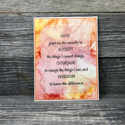 Inspirational recovery card with a prayer for serenity, courage, and wisdom.