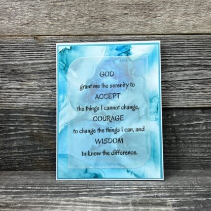Inspirational blue watercolor recovery card with a prayer for serenity, courage, and wisdom.