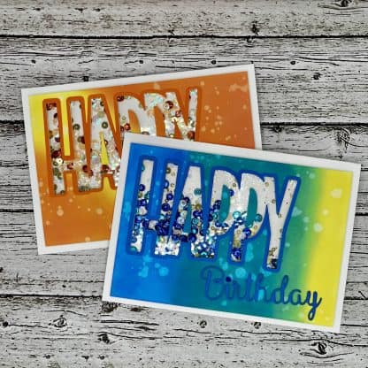 Colorful handmade happy birthday shaker cards featuring glittery sequins and uplifting messages.