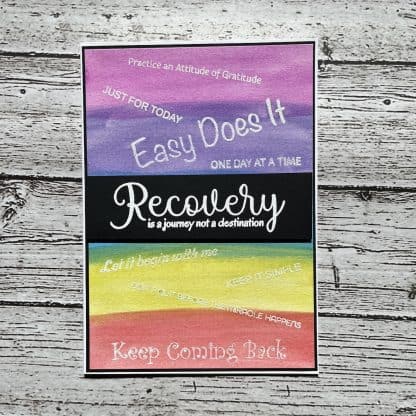 Recovery slogans inspiration card with easy does it, one day at a time, and keep coming back on a colorful watercolor background.