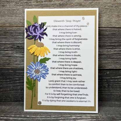 Healing recovery card with eleven step prayer and colorful flower illustrations.