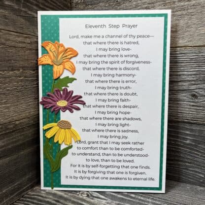 Recovery prayer card with colorful flower illustrations and spiritual message.
