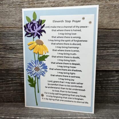 Recovery prayer card with colorful flower illustrations and spiritual message.
