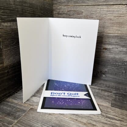 Recovery card with 'keep coming back' message and starry design.