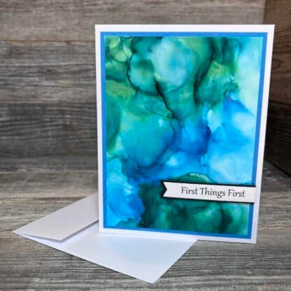 Beautiful handmade recovery card with abstract blue and green watercolor design.