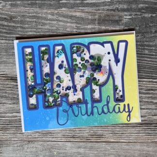 Birthday shaker card with confetti and cheerful design.