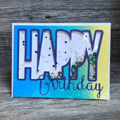 Colorful birthday card with 'happy birthday' text and confetti design.