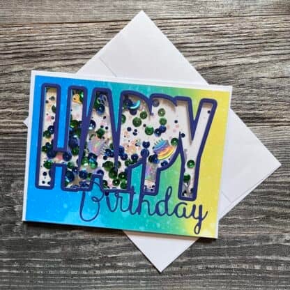Colorful birthday card with confetti and bold lettering.