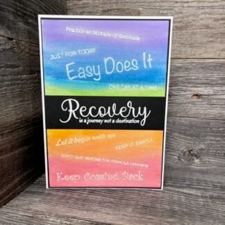 Inspirational recovery card with motivational slogans for sobriety and gratitude.