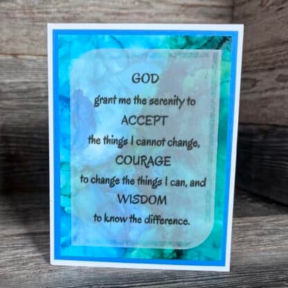 Inspirational recovery card with serenity prayer in watercolor background.